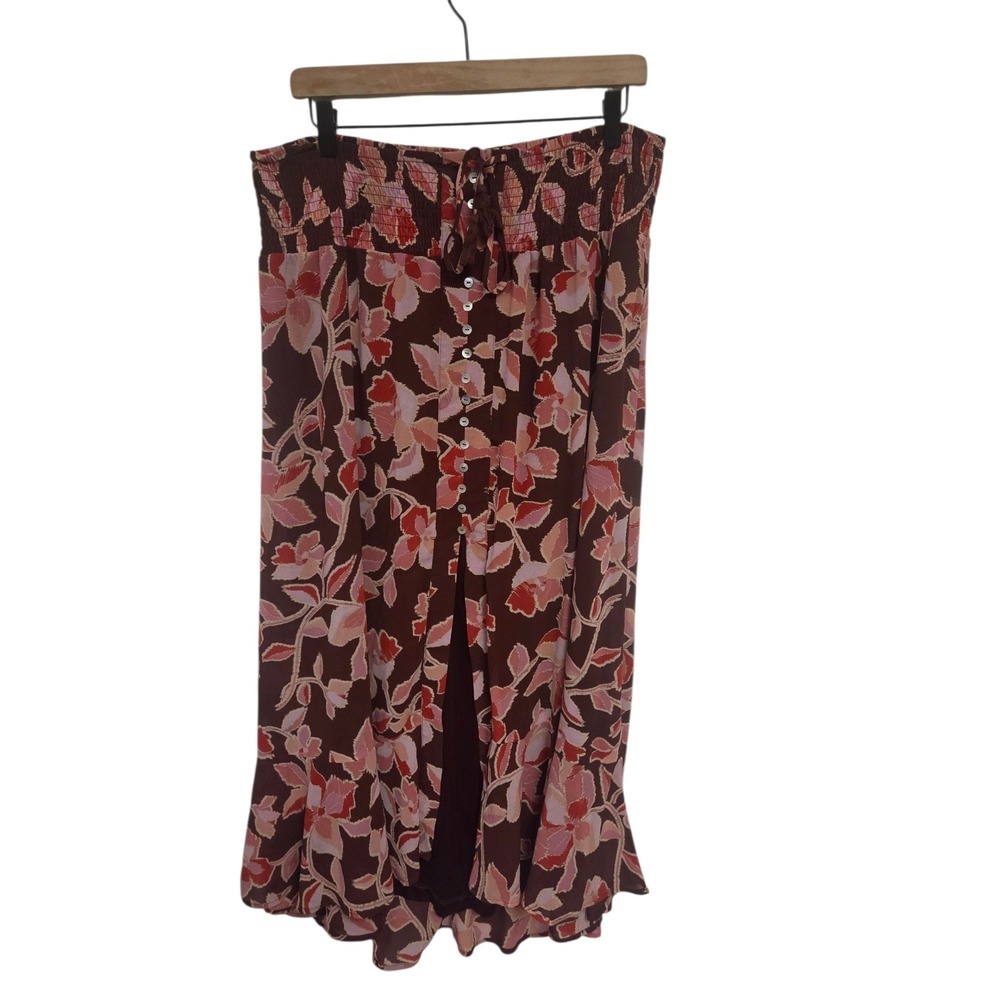 DR2 by Daniel Rainn Floral Maxi Skirt Brown Pink Smocked‎ Waist Button Front XL